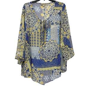 One World Live and Let Live Blouse Plus Sz 3X Blue Yellow Sheer 3/4 Sleeve Boho